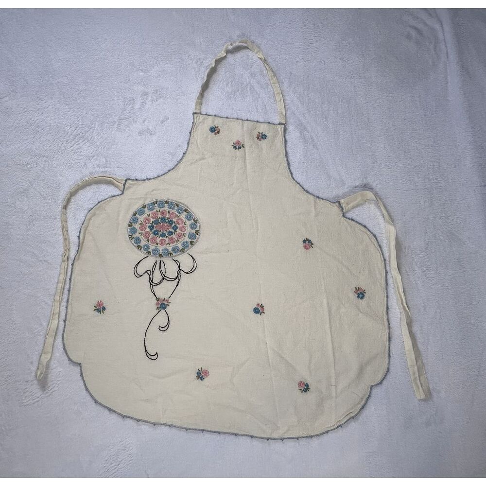 Handmade Full Front Cream Flower Embroidered Apron, Pocket, Detailed, Unique